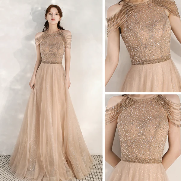 Elegant Gold Evening Dresses  2020 A-Line / Princess Scoop Neck Sleeveless Beading Glitter Tulle Floor-Length / Long Ruffle Backless Formal Dresses