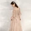 Chic / Beautiful Champagne Evening Dresses  2020 A-Line / Princess See-through Square Neckline 1/2 Sleeves Beading Appliques Sequins Floor-Length / Long Ruffle Backless Formal Dresses