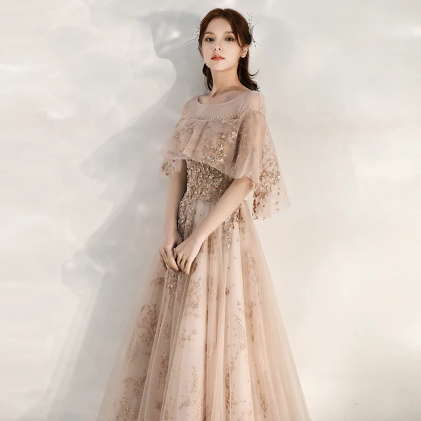 Chic / Beautiful Champagne Evening Dresses 2020 A-Line / Princess See-through Square Neckline 1/2 Sleeves Beading Appliques Sequins Floor-Length / Long Ruffle Backless Formal Dresses