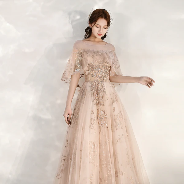 Chic / Beautiful Champagne Evening Dresses 2020 A-Line / Princess See-through Square Neckline 1/2 Sleeves Beading Appliques Sequins Floor-Length / Long Ruffle Backless Formal Dresses