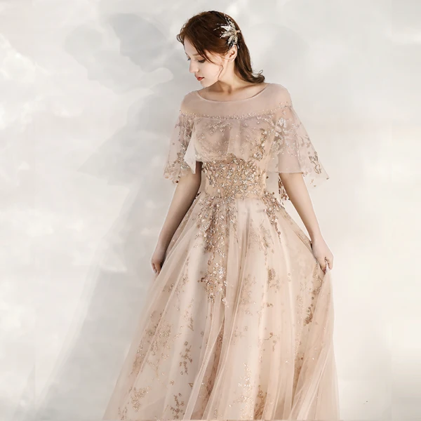 Chic / Beautiful Champagne Evening Dresses 2020 A-Line / Princess See-through Square Neckline 1/2 Sleeves Beading Appliques Sequins Floor-Length / Long Ruffle Backless Formal Dresses