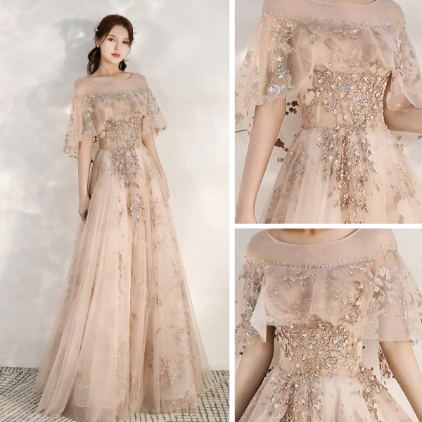 Chic / Beautiful Champagne Evening Dresses 2020 A-Line / Princess See-through Square Neckline 1/2 Sleeves Beading Appliques Sequins Floor-Length / Long Ruffle Backless Formal Dresses