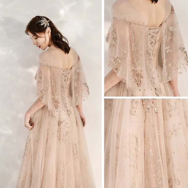 Chic / Beautiful Champagne Evening Dresses 2020 A-Line / Princess See-through Square Neckline 1/2 Sleeves Beading Appliques Sequins Floor-Length / Long Ruffle Backless Formal Dresses