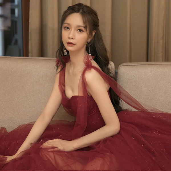 Classy Burgundy Dancing Prom Dresses 2020 A-Line / Princess Spaghetti Straps Sleeveless Glitter Tulle Floor-Length / Long Ruffle Backless Formal Dresses