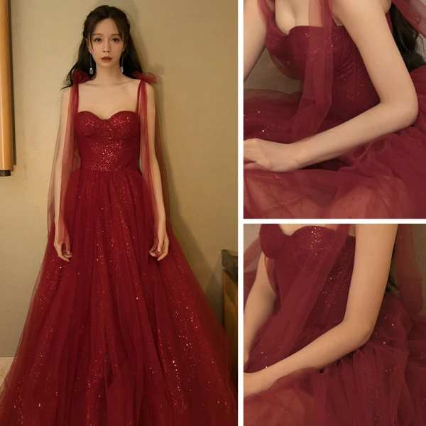 Classy Burgundy Dancing Prom Dresses 2020 A-Line / Princess Spaghetti Straps Sleeveless Glitter Tulle Floor-Length / Long Ruffle Backless Formal Dresses