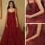Classy Burgundy Dancing Prom Dresses 2020 A-Line / Princess Spaghetti Straps Sleeveless Glitter Tulle Floor-Length / Long Ruffle Backless Formal Dresses