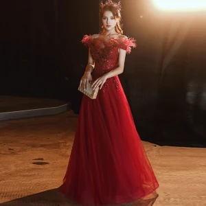 High End Burgundy Evening Dresses 2020 A Line Princess Off The Shoulder Short Sleeve Appliques Sequins Beading Feather Floor Length Long Ruffle Backless Formal Dresses