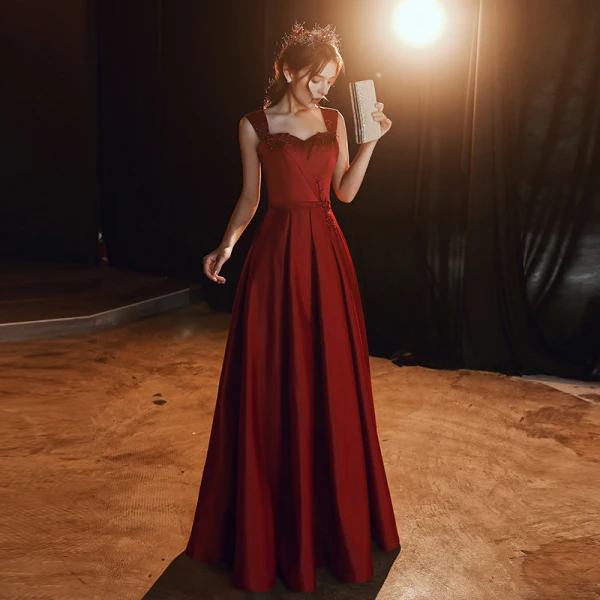 Chic / Beautiful Burgundy Satin Evening Dresses 2020 A-Line / Princess Shoulders Sleeveless Sash Beading Floor-Length / Long Ruffle Backless Formal