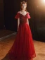 Chic / Beautiful Burgundy Evening Dresses  2020 A-Line / Princess Spaghetti Straps Short Sleeve Sequins Beading Rhinestone Floor-Length / Long Ruffle Backless Formal Dresses