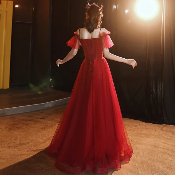 Chic / Beautiful Burgundy Evening Dresses  2020 A-Line / Princess Spaghetti Straps Short Sleeve Sequins Beading Rhinestone Floor-Length / Long Ruffle Backless Formal Dresses