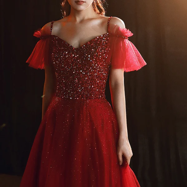 Chic / Beautiful Burgundy Evening Dresses  2020 A-Line / Princess Spaghetti Straps Short Sleeve Sequins Beading Rhinestone Floor-Length / Long Ruffle Backless Formal Dresses