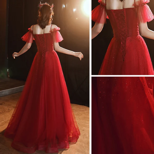 Chic / Beautiful Burgundy Evening Dresses  2020 A-Line / Princess Spaghetti Straps Short Sleeve Sequins Beading Rhinestone Floor-Length / Long Ruffle Backless Formal Dresses