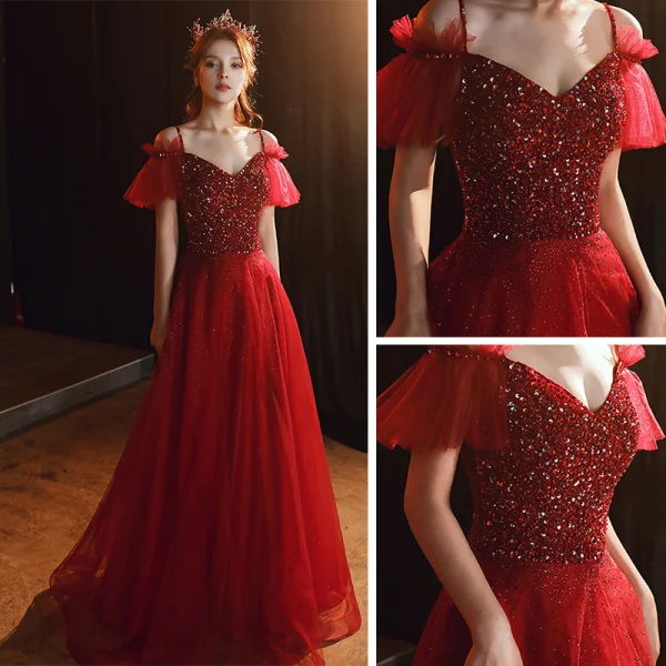 Chic / Beautiful Burgundy Evening Dresses  2020 A-Line / Princess Spaghetti Straps Short Sleeve Sequins Beading Rhinestone Floor-Length / Long Ruffle Backless Formal Dresses