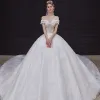 Luxury / Gorgeous Champagne Bridal Wedding Dresses 2020 Ball Gown Off-The-Shoulder Short Sleeve Backless Appliques Sequins Beading Glitter Tulle Royal Train Ruffle