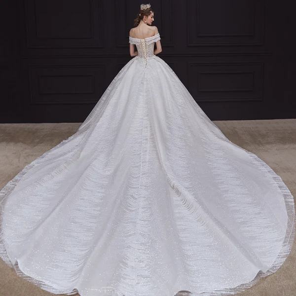 Luxury / Gorgeous Champagne Bridal Wedding Dresses 2020 Ball Gown Off-The-Shoulder Short Sleeve Backless Appliques Sequins Beading Glitter Tulle Royal Train Ruffle