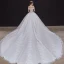Luxury / Gorgeous Champagne Bridal Wedding Dresses 2020 Ball Gown Off-The-Shoulder Short Sleeve Backless Appliques Sequins Beading Glitter Tulle Royal Train Ruffle