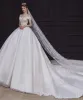 Luxury / Gorgeous Champagne Bridal Wedding Dresses 2020 Ball Gown Off-The-Shoulder Short Sleeve Backless Appliques Sequins Beading Glitter Tulle Royal Train Ruffle
