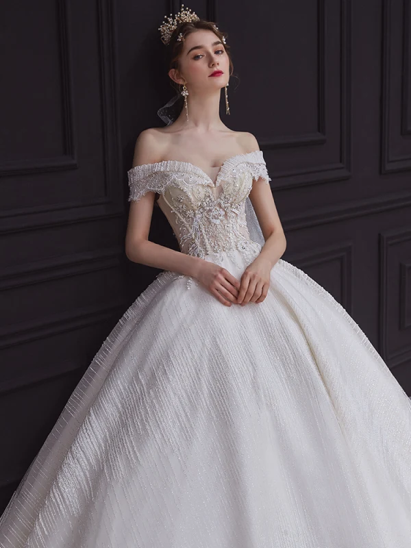 Luxury / Gorgeous Champagne Bridal Wedding Dresses 2020 Ball Gown Off-The-Shoulder Short Sleeve Backless Appliques Sequins Beading Glitter Tulle Royal Train Ruffle