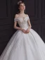 Luxury / Gorgeous Champagne Bridal Wedding Dresses 2020 Ball Gown Off-The-Shoulder Short Sleeve Backless Appliques Sequins Beading Glitter Tulle Royal Train Ruffle