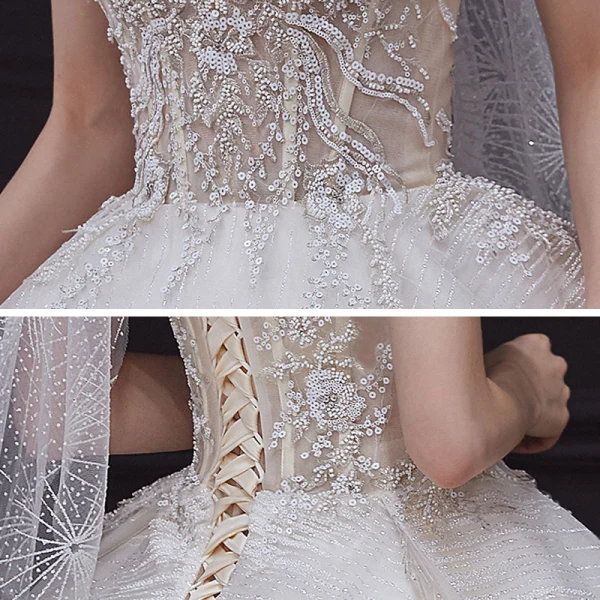 Luxury / Gorgeous Champagne Bridal Wedding Dresses 2020 Ball Gown Off-The-Shoulder Short Sleeve Backless Appliques Sequins Beading Glitter Tulle Royal Train Ruffle