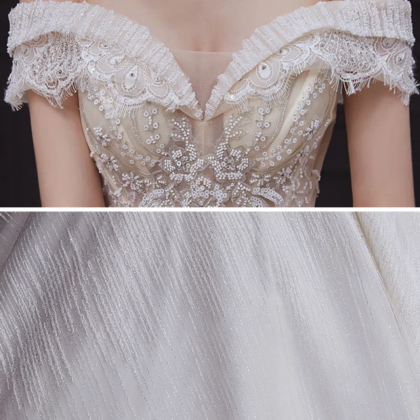 Luxury / Gorgeous Champagne Bridal Wedding Dresses 2020 Ball Gown Off-The-Shoulder Short Sleeve Backless Appliques Sequins Beading Glitter Tulle Royal Train Ruffle