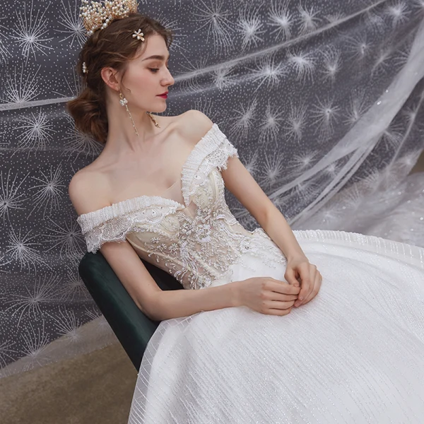 Luxury / Gorgeous Champagne Bridal Wedding Dresses 2020 Ball Gown Off-The-Shoulder Short Sleeve Backless Appliques Sequins Beading Glitter Tulle Royal Train Ruffle