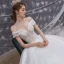 Luxury / Gorgeous Champagne Bridal Wedding Dresses 2020 Ball Gown Off-The-Shoulder Short Sleeve Backless Appliques Sequins Beading Glitter Tulle Royal Train Ruffle