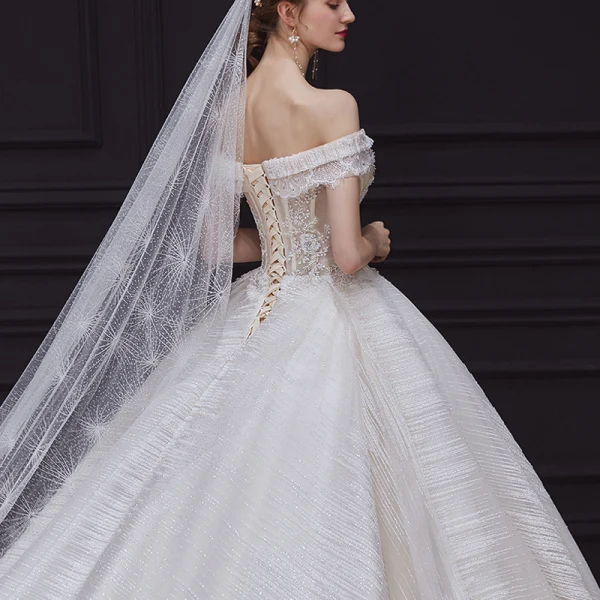 Luxury / Gorgeous Champagne Bridal Wedding Dresses 2020 Ball Gown Off-The-Shoulder Short Sleeve Backless Appliques Sequins Beading Glitter Tulle Royal Train Ruffle