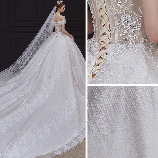 Luxury / Gorgeous Champagne Bridal Wedding Dresses 2020 Ball Gown Off-The-Shoulder Short Sleeve Backless Appliques Sequins Beading Glitter Tulle Royal Train Ruffle