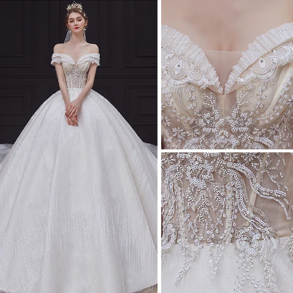 Luxury / Gorgeous Champagne Bridal Wedding Dresses 2020 Ball Gown Off-The-Shoulder Short Sleeve Backless Appliques Sequins Beading Glitter Tulle Royal Train Ruffle