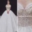 Luxury / Gorgeous Champagne Bridal Wedding Dresses 2020 Ball Gown Off-The-Shoulder Short Sleeve Backless Appliques Sequins Beading Glitter Tulle Royal Train Ruffle