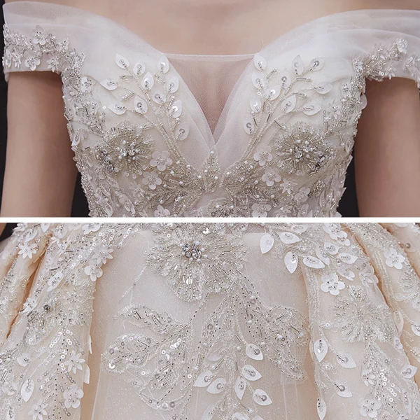 Luxe Champagne La Mariée Robe De Mariée 2020 Robe Boule De l'épaule Manches Courtes Dos Nu Appliques En Dentelle Paillettes Perlage Glitter Tulle Royal Train Volants
