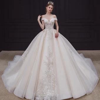 Luxury Gorgeous Champagne Bridal Wedding Dresses 2020 Ball Gown Off The Shoulder Short Sleeve Backless Appliques Lace Sequins Beading Glitter Tulle Royal Train Ruffle