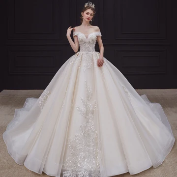 Luxe Champagne La Mariée Robe De Mariée 2020 Robe Boule De L 039 Épaule Manches Courtes Dos Nu Appliques En Dentelle Paillettes Perlage Glitter Tulle Royal Train Volants