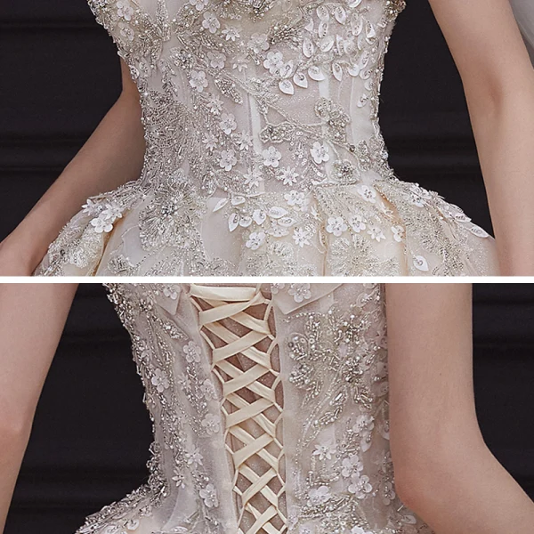 Luxe Champagne La Mariée Robe De Mariée 2020 Robe Boule De l'épaule Manches Courtes Dos Nu Appliques En Dentelle Paillettes Perlage Glitter Tulle Royal Train Volants