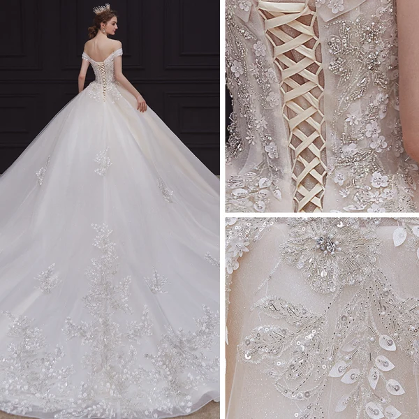 Luxe Champagne La Mariée Robe De Mariée 2020 Robe Boule De l'épaule Manches Courtes Dos Nu Appliques En Dentelle Paillettes Perlage Glitter Tulle Royal Train Volants