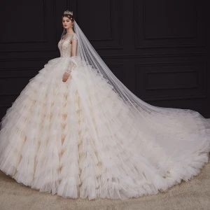 Luksus Champagne Bryllups Brudekjoler 2020 Ballkjole Gjennomsiktig Dyp V Hals Uten Ermer Ryggløse Appliques Paljetter Beading Royal Train Gripende Ruffles