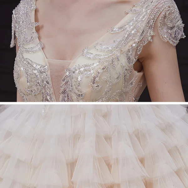 Luxe Champagne La Mariée Robe De Mariée 2020 Robe Boule Transparentes Col v profond Sans Manches Dos Nu Appliques Paillettes Perlage Royal Train Volants en Cascade