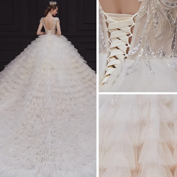 Luxe Champagne La Mariée Robe De Mariée 2020 Robe Boule Transparentes Col v profond Sans Manches Dos Nu Appliques Paillettes Perlage Royal Train Volants en Cascade