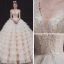 Luxe Champagne La Mariée Robe De Mariée 2020 Robe Boule Transparentes Col v profond Sans Manches Dos Nu Appliques Paillettes Perlage Royal Train Volants en Cascade