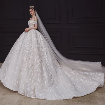 Luxury Gorgeous Champagne Bridal Wedding Dresses 2020 Ball Gown Off The Shoulder See Through V Neck Short Sleeve Backless Appliques Sequins Beading Glitter Tulle Royal Train Ruffle
