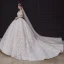 Luxe Champagne La Mariée Robe De Mariée 2020 Robe Boule De l'épaule Transparentes V-Cou Manches Courtes Dos Nu Appliques Paillettes Perlage Glitter Tulle Royal Train Volants