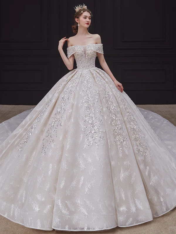 Luxe Champagne La Mariée Robe De Mariée 2020 Robe Boule De l'épaule Transparentes V-Cou Manches Courtes Dos Nu Appliques Paillettes Perlage Glitter Tulle Royal Train Volants