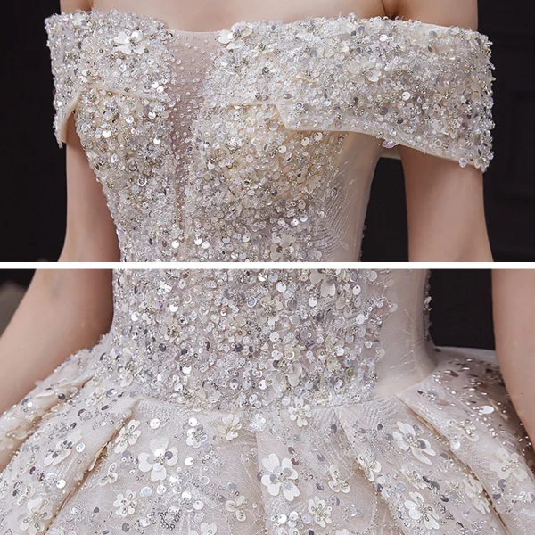 Luxe Champagne La Mariée Robe De Mariée 2020 Robe Boule De l'épaule Transparentes V-Cou Manches Courtes Dos Nu Appliques Paillettes Perlage Glitter Tulle Royal Train Volants