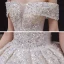 Luxe Champagne La Mariée Robe De Mariée 2020 Robe Boule De l'épaule Transparentes V-Cou Manches Courtes Dos Nu Appliques Paillettes Perlage Glitter Tulle Royal Train Volants