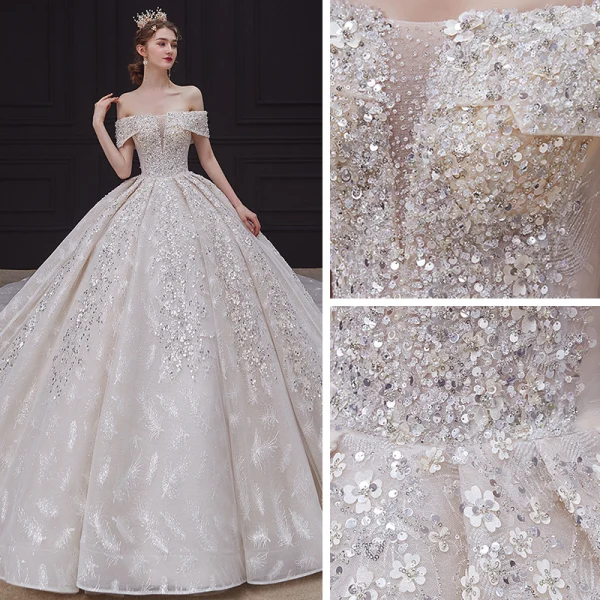 Luxe Champagne La Mariée Robe De Mariée 2020 Robe Boule De l'épaule Transparentes V-Cou Manches Courtes Dos Nu Appliques Paillettes Perlage Glitter Tulle Royal Train Volants