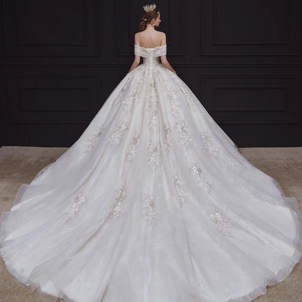 Luxury / Gorgeous Champagne Bridal Wedding Dresses 2020 Ball Gown Off-The-Shoulder Short Sleeve Backless Appliques Flower Beading Chapel Train Ruffle