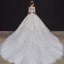 Luxury / Gorgeous Champagne Bridal Wedding Dresses 2020 Ball Gown Off-The-Shoulder Short Sleeve Backless Appliques Flower Beading Chapel Train Ruffle