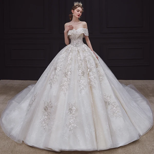 Luxury / Gorgeous Champagne Bridal Wedding Dresses 2020 Ball Gown Off-The-Shoulder Short Sleeve Backless Appliques Flower Beading Chapel Train Ruffle