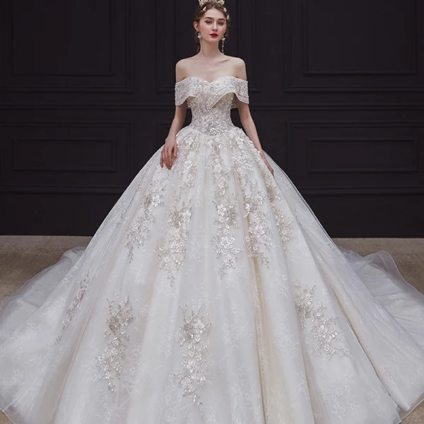 Luxury / Gorgeous Champagne Bridal Wedding Dresses 2020 Ball Gown Off-The-Shoulder Short Sleeve Backless Appliques Flower Beading Chapel Train Ruffle
